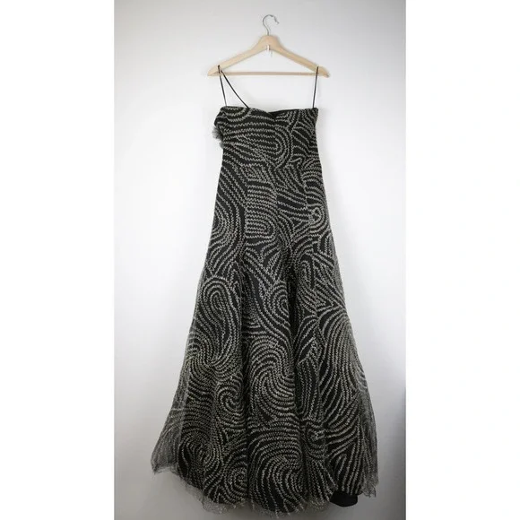 Oscar de la Renta Strapless Black Gold Metallic Swirl Gown Formal Dress Silk 8 - Picture 3 of 11
